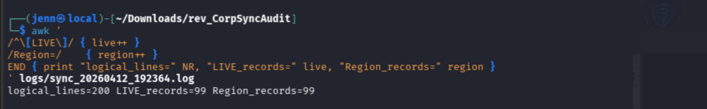 awk output showing 99 LIVE records and 99 Region records